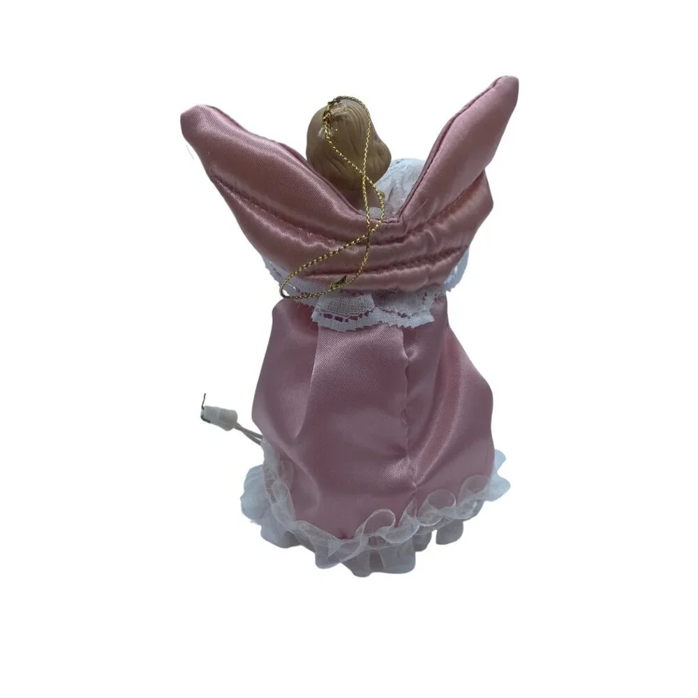 Vtg Lighted Mini Angel Tree Topper Christmas Pink Satin Dress Lace Trim 5” Plug‎